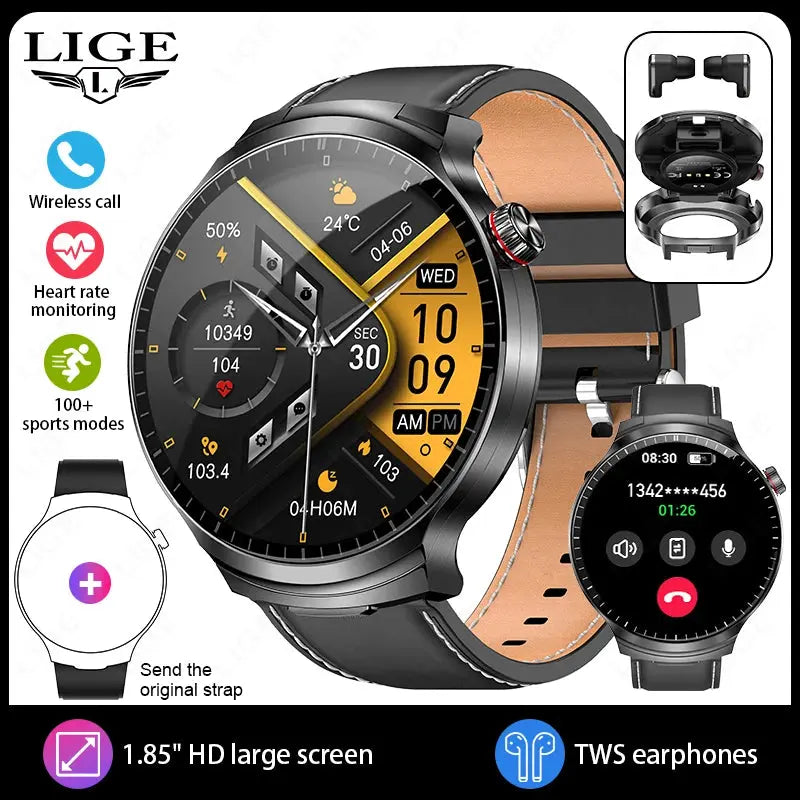LIGE TWS 2 In 1 Headset Smart Watch 1.85" HD Wireless Bluetooth Calling Health Monitor Sports Fitness Watches With Headphones ryshop